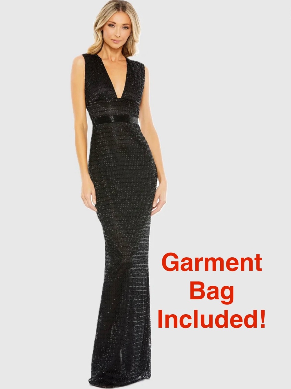Mac Duggal Black 5625 Beaded V-Neck Column Gown